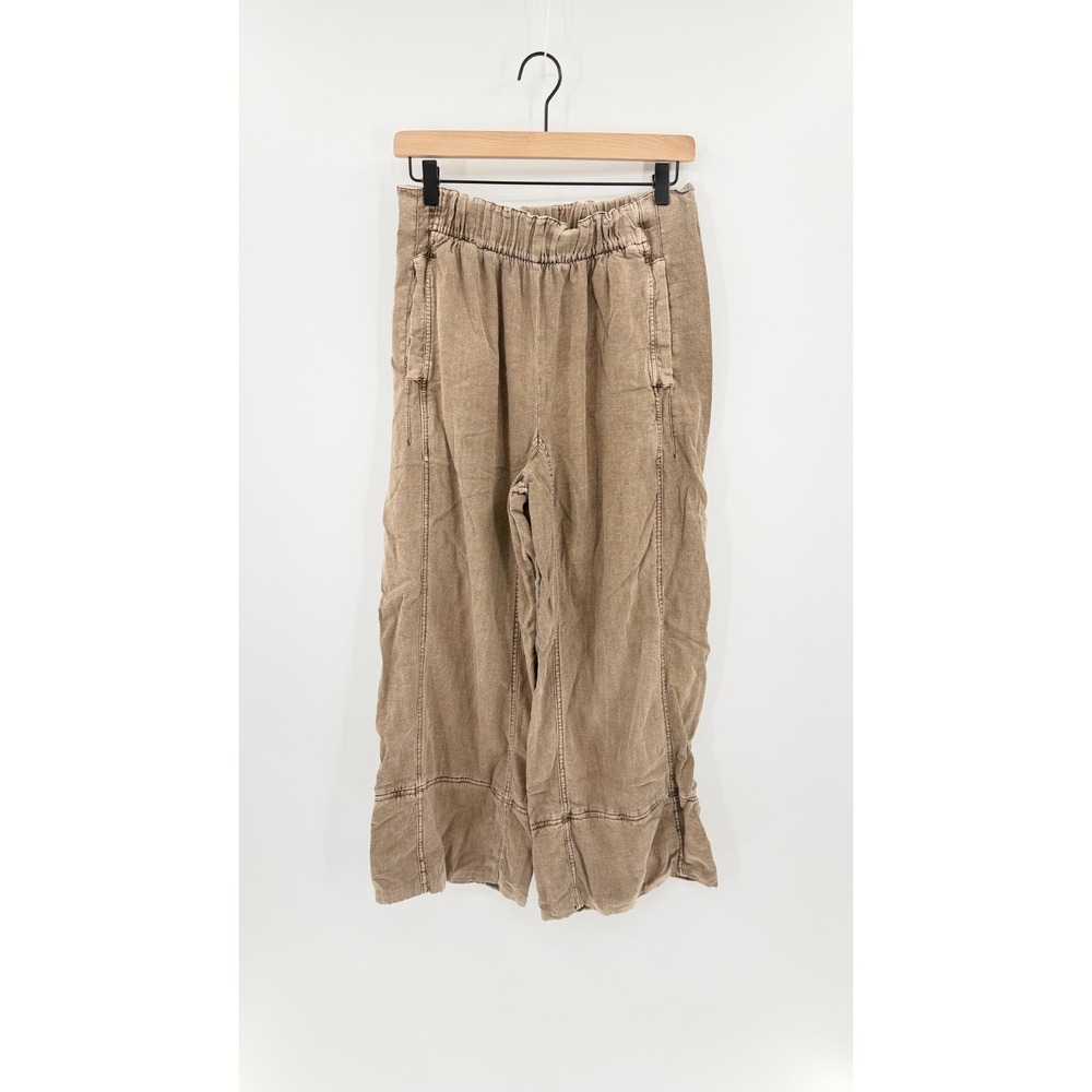 Free People Wide Leg Linen Blend Pull On Pants Sz M Cropped Beige Boho Granola